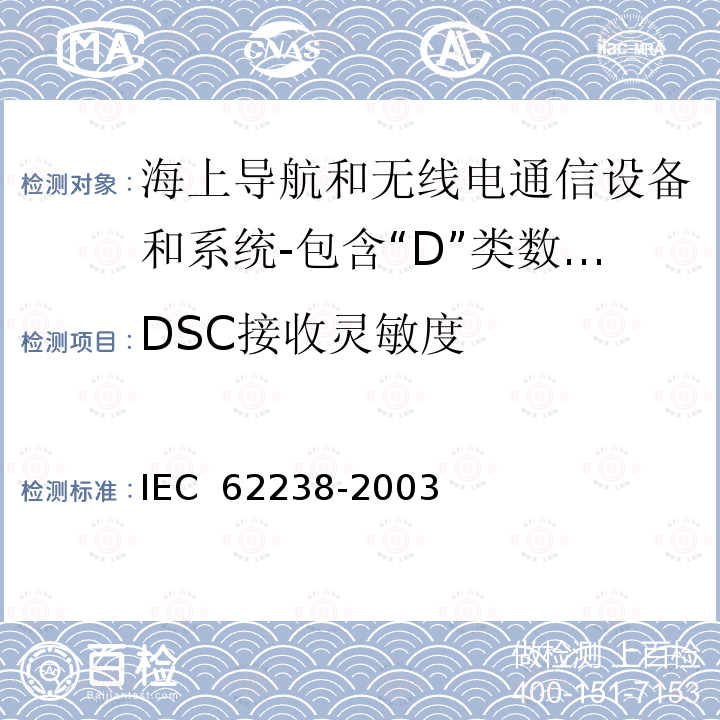 DSC接收灵敏度 IEC 62238-2003 海上导航和无线电通信设备及系统 结合"D"级数字选择呼叫的特高频VHF无线电话设备 测试方法和要求的测试结果