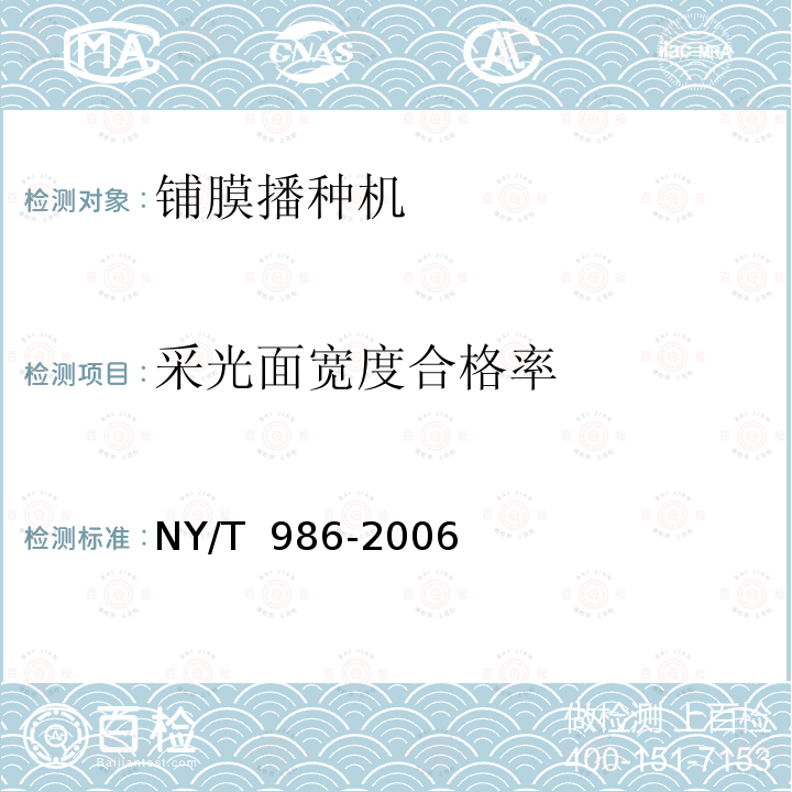 采光面宽度合格率 NY/T 986-2006 铺膜机 作业质量