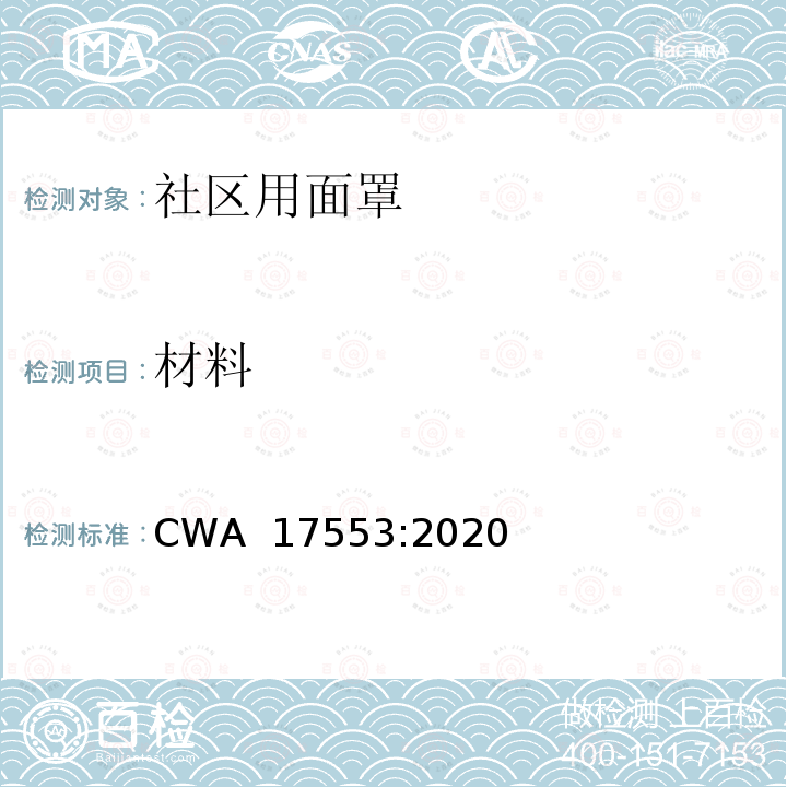 材料 CWA  17553:2020 社区用面罩 - 最低要求，测试方法及使用的指导意见 CWA 17553:2020