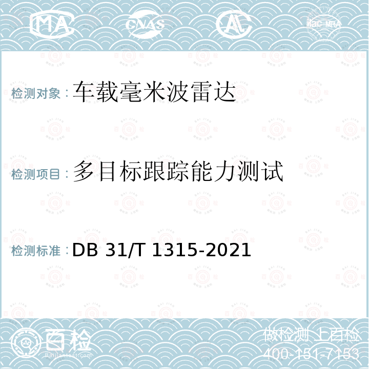 多目标跟踪能力测试 DB31/T 1315-2021 车载毫米波雷达探测性能测试方法