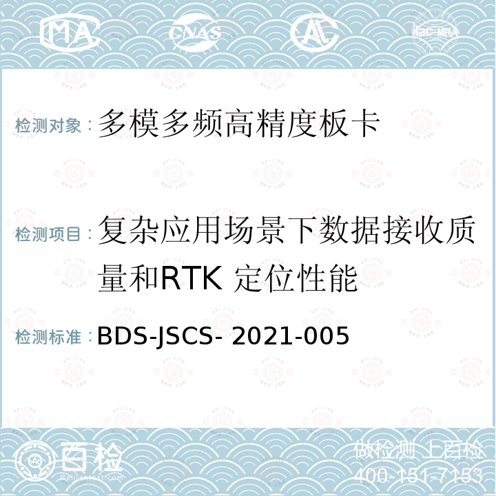 复杂应用场景下数据接收质量和RTK 定位性能 BDS-JSCS- 2021-005 北斗卫星导航系统民用全球信号多模多频高精度板卡产品技术要求和测试方法 BDS-JSCS-2021-005