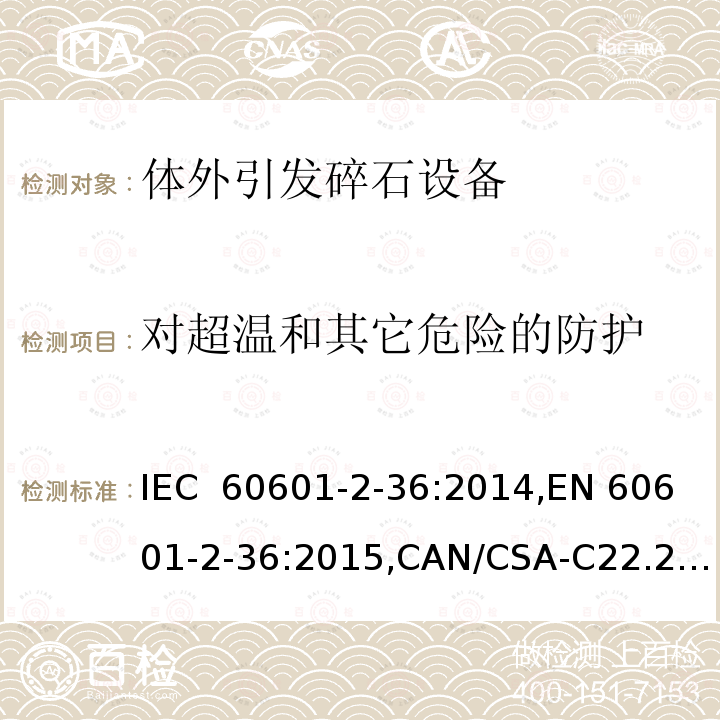 对超温和其它危险的防护 IEC 60601-2-36 医用电气设备 第2-36部分：体外引发碎石设备的基本安全和基本性能的专用要求 :2014,EN 60601-2-36:2015,CAN/CSA-C22.2 No. 60601-2-36:16,GB 9706.236-2021