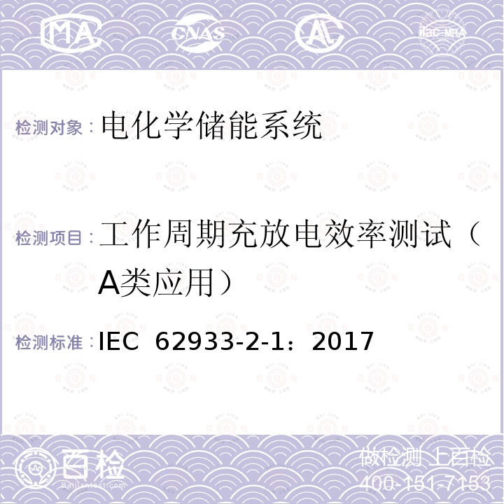 工作周期充放电效率测试（A类应用） IEC 62933-2-1-2017 电力储能(EES)系统 第2-1部分:单元参数和测试方法 通用规范