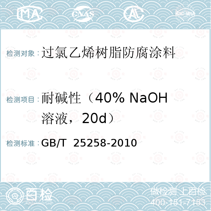 耐碱性（40% NaOH溶液，20d） GB/T 25258-2010 过氯乙烯树脂防腐涂料