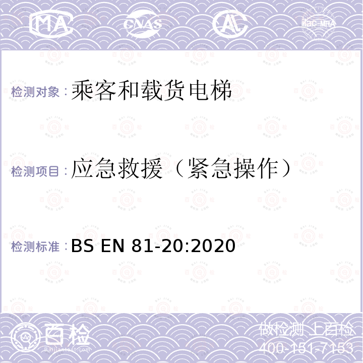 应急救援（紧急操作） BS EN81-20:2020 电梯制造与安装安全规范-运载乘客和货物的电梯-第20部分：乘客和货客电梯 
