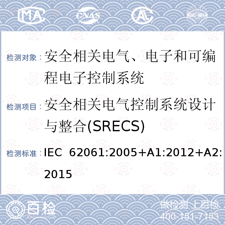 安全相关电气控制系统设计与整合(SRECS) 机械电气安全 安全相关电气、电子和可编程电子控制系统的功能安全 IEC 62061:2005+A1:2012+A2:2015
