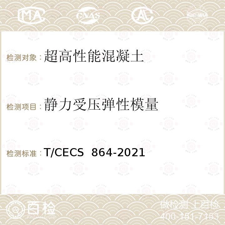 静力受压弹性模量 CECS 864-2021 《超高性能混凝土试验方法标准》 T/