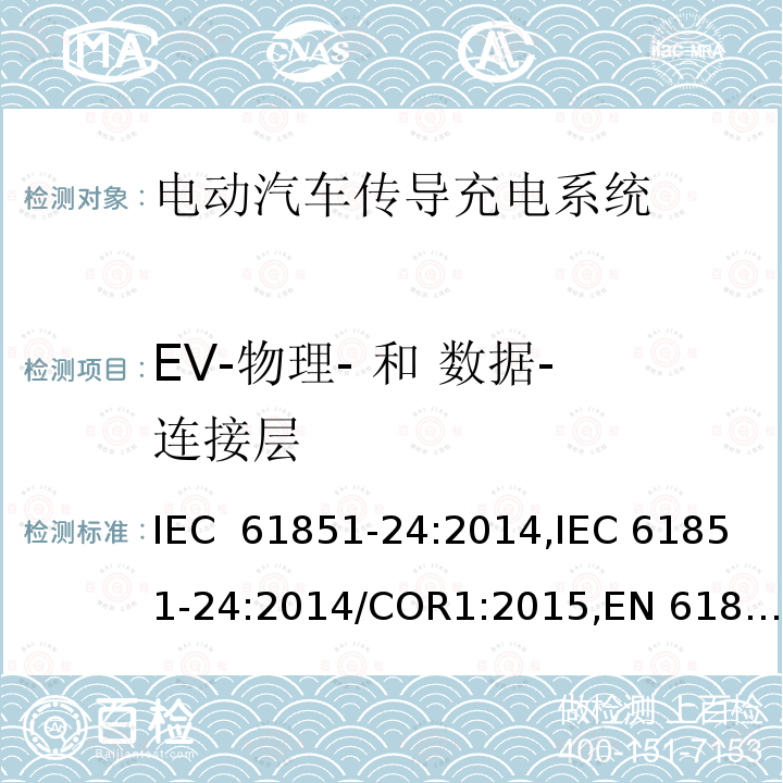 EV-物理- 和 数据-连接层 电动汽车传导充电系统- 第24部分：直流充电桩与控制直流桩的电动车之间的数据通信 IEC 61851-24:2014,IEC 61851-24:2014/COR1:2015,EN 61851-24:2014,EN 61851-24:2014/AC:2015