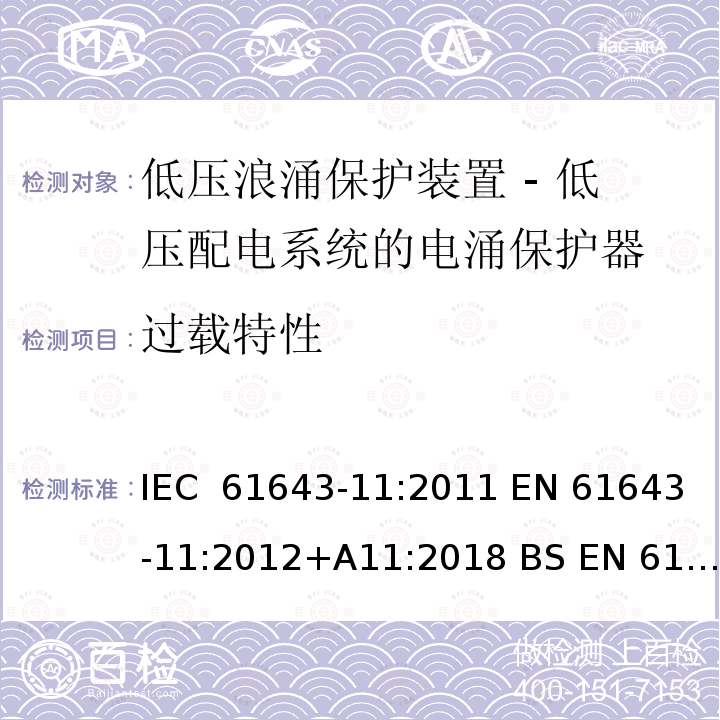 过载特性 低压浪涌保护装置 - 第11部分 低压配电系统的电涌保护器 要求和试验方法 IEC 61643-11:2011 EN 61643-11:2012+A11:2018 BS EN 61643-11:2012+A11:2018