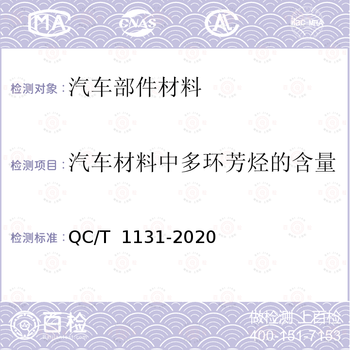 汽车材料中多环芳烃的含量 QC/T 1131-2020 汽车材料中多环芳烃的检测方法