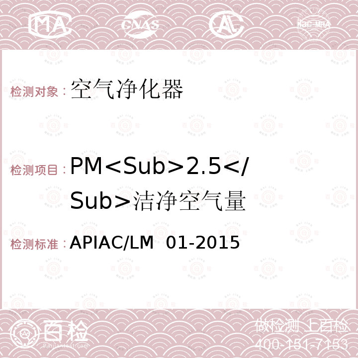 PM<Sub>2.5</Sub>洁净空气量 室内空气净化器净化性能评价要求 APIAC/LM 01-2015