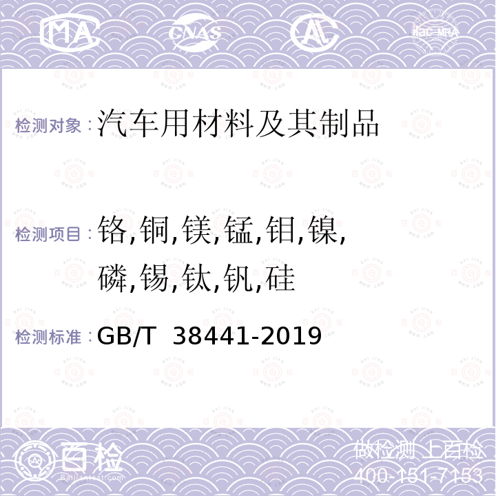 铬,铜,镁,锰,钼,镍,磷,锡,钛,钒,硅 GB/T 38441-2019 生铁及铸铁 铬、铜、镁、锰、钼、镍、磷、锡、钛、钒和硅的测定 电感耦合等离子体原子发射光谱法