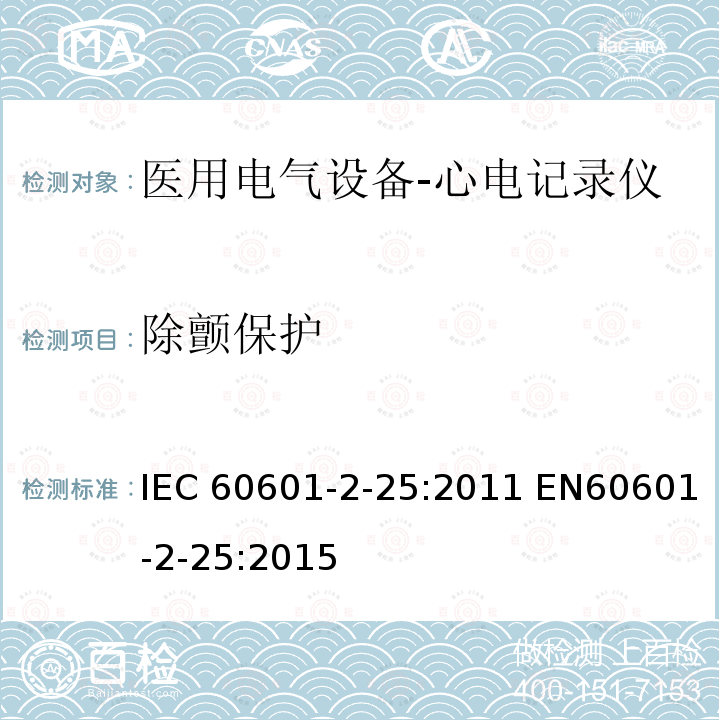 除颤保护 医用电气设备-第二部分：心电记录仪的安全与基本性能要求  IEC60601-2-25:2011 EN60601-2-25:2015
