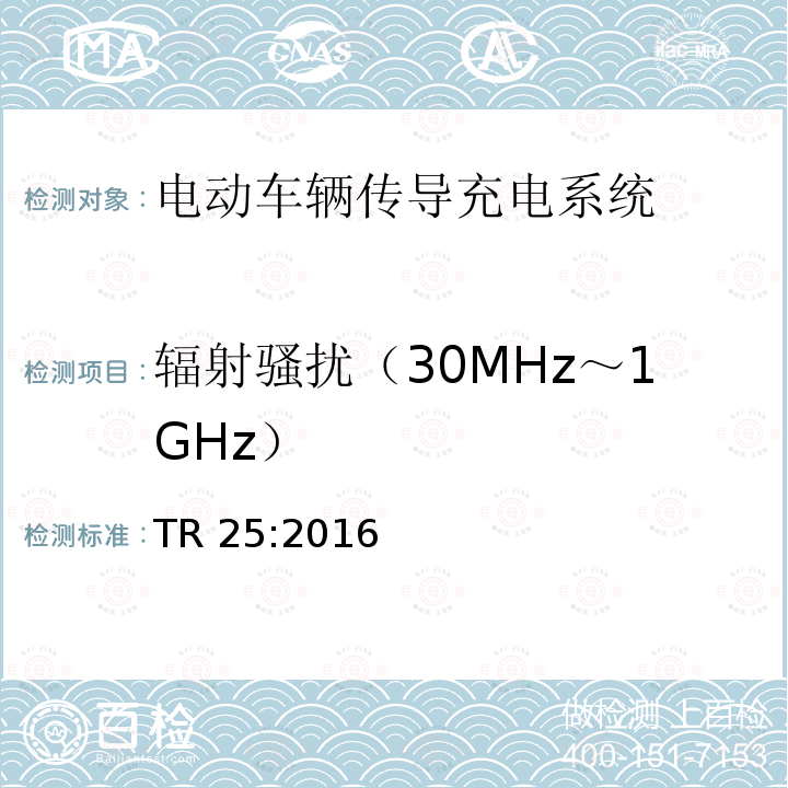 辐射骚扰（30MHz～1GHz） TR 25:2016 电动汽车充电系统技术参考 TR25:2016