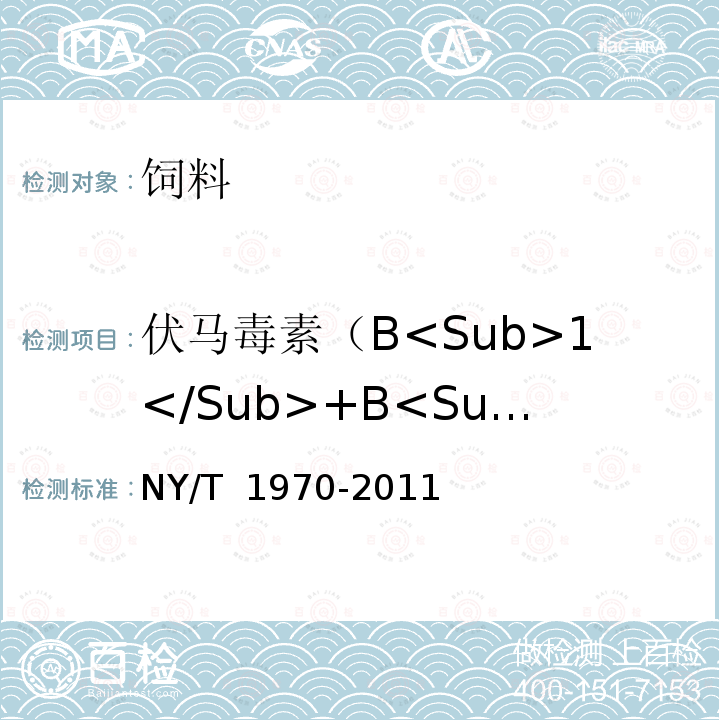 伏马毒素（B<Sub>1</Sub>+B<Sub>2</Sub>） 饲料中伏马毒素的测定 NY/T 1970-2011