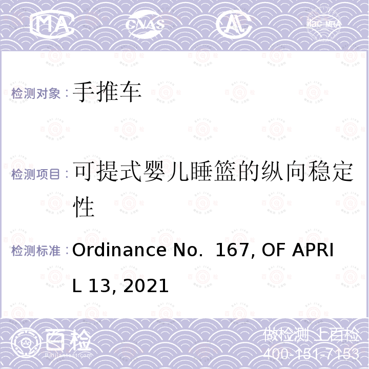 可提式婴儿睡篮的纵向稳定性 Ordinance No.  167, OF APRIL 13, 2021 手推车产品巴西法规要求 Ordinance No. 167, OF APRIL 13, 2021