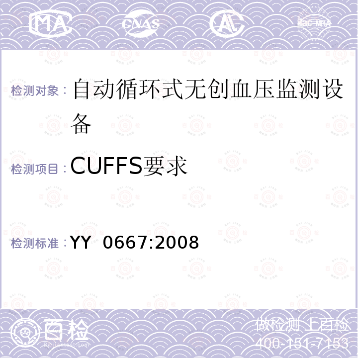 CUFFS要求 医用电气设备 第2-30部分 专用要求：自动循环式无创血压监测设备的安全，含基本性能 YY 0667:2008