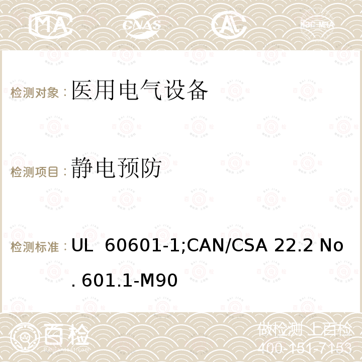 静电预防 UL 60601-1 医用电气设备  第一部分：安全通用要求 ;CAN/CSA 22.2 No. 601.1-M90