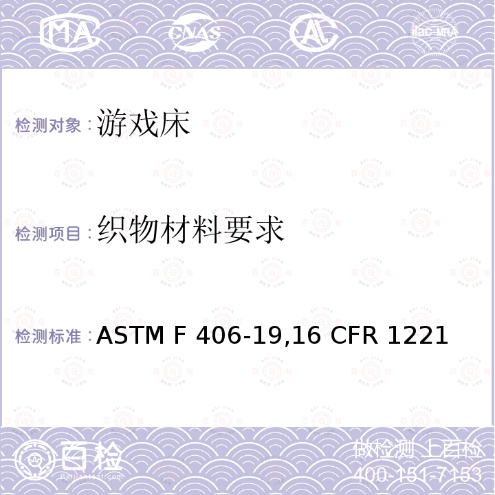 织物材料要求 ASTM F406-1916 游戏床标准消费者安全规范 ASTM F406-19,16 CFR 1221