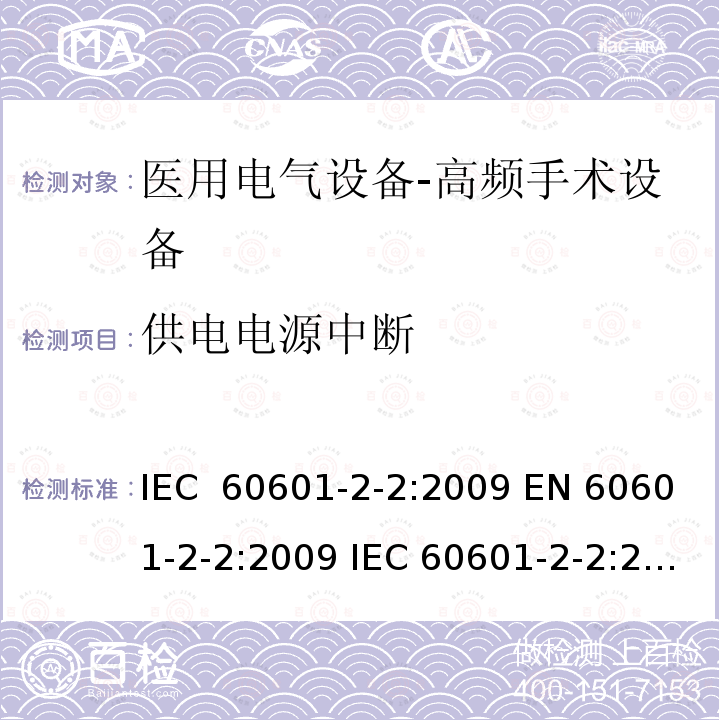 供电电源中断 医用电气设备--第二部分：高频手术设备及附件的基本安全及重要性能的要求 IEC 60601-2-2:2009 EN 60601-2-2:2009 IEC 60601-2-2:2017 EN IEC 60601-2-2:2018