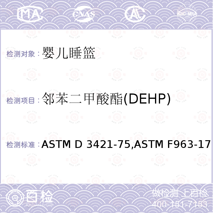 邻苯二甲酸酯(DEHP) ASTM D3421-75 聚氯乙烯塑料中增塑剂的萃取和分析方法,消费者安全规范:玩具安全 ,ASTM F963-17