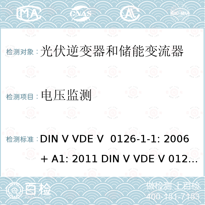 电压监测 DIN V VDE V  0126-1-1: 2006+ A1: 2011 DIN V VDE V 0126-1-1: 2013 电网和发电机之间的自动分段装置 DIN V VDE V 0126-1-1: 2006+ A1: 2011 DIN V VDE V 0126-1-1: 2013