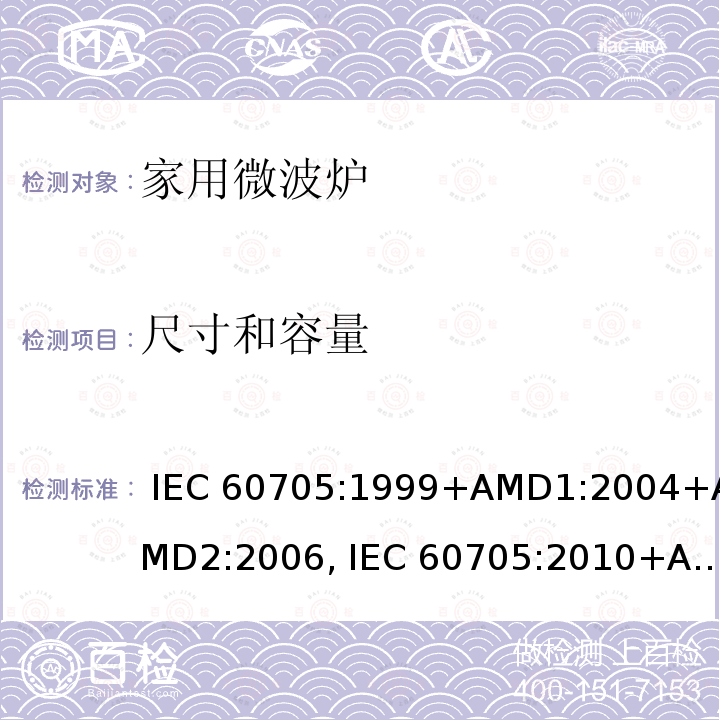 尺寸和容量 家用微波炉性能测试方法 IEC 60705:1999+AMD1:2004+AMD2:2006, IEC 60705:2010+AMD1:2014, EN 60705:1999+AMD1:2004+AMD2:2006, EN 60705:2012+AMD1:2014, EN 60705:2015