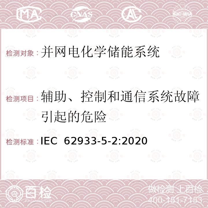 辅助、控制和通信系统故障引起的危险 IEC 62933-5-2:2020 电能储存系统 – 第5-2部分：并网电化学储能系统的安全要求 