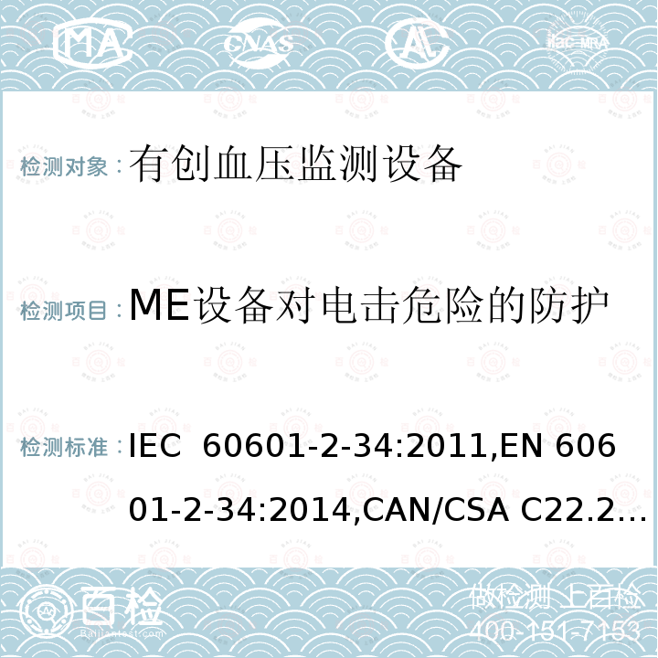 ME设备对电击危险的防护 IEC 60601-2-34 医用电气设备 第2-34部分：有创血压监测设备基本安全和基本性能专用要求 :2011,EN 60601-2-34:2014,CAN/CSA C22.2 No. 60601-2-34:12,YY 9706.234-2021