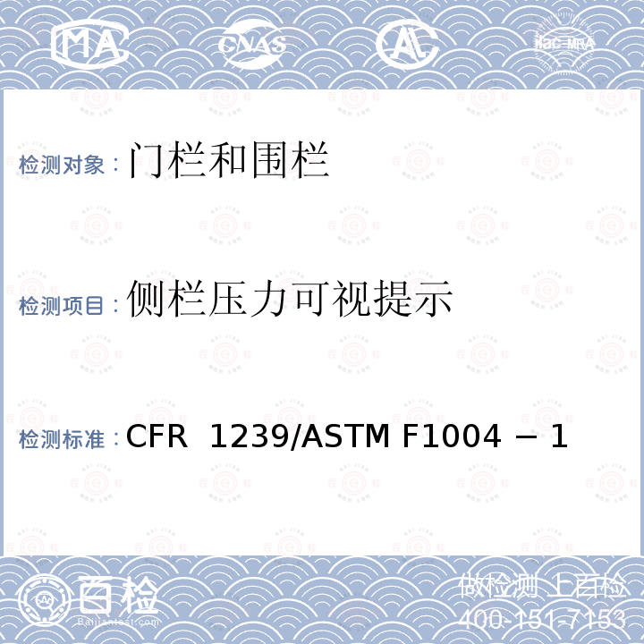 侧栏压力可视提示 16 CFR 1239 伸缩门和可扩展的围栏的标准消费者安全规范 /ASTM F1004 − 19