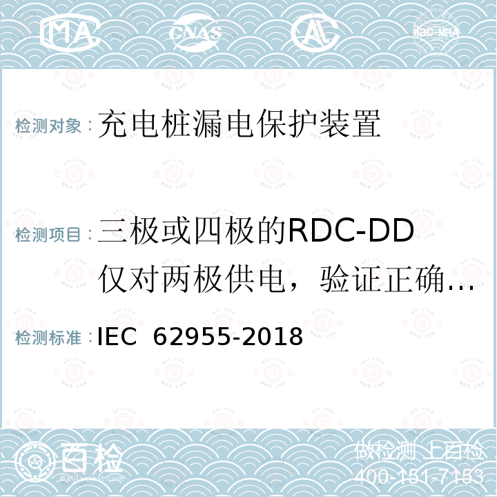 三极或四极的RDC-DD仅对两极供电，验证正确动作 IEC 62955-2018 用于电动车辆的模式3充电的剩余直流检测装置(RDC-DD)