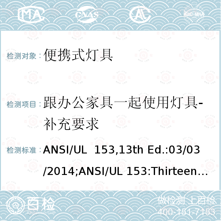 跟办公家具一起使用灯具-补充要求 便携式灯具 ANSI/UL 153,13th Ed.:03/03/2014;ANSI/UL 153:Thirteenth Edition,Dated March 3,2014,Rev.June 4,2021