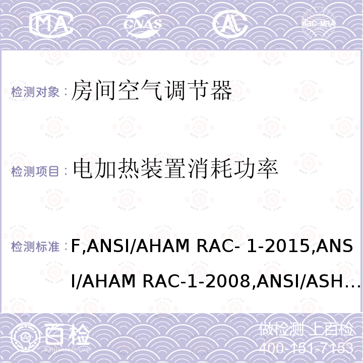 电加热装置消耗功率 10 CFR 430 房间空气调节器 能源之星对空调器的要求V5.0, B部分 附录 F,ANSI/AHAM RAC-1-2015,ANSI/AHAM RAC-1-2008,ANSI/ASHARE 16-1983(RA2022)