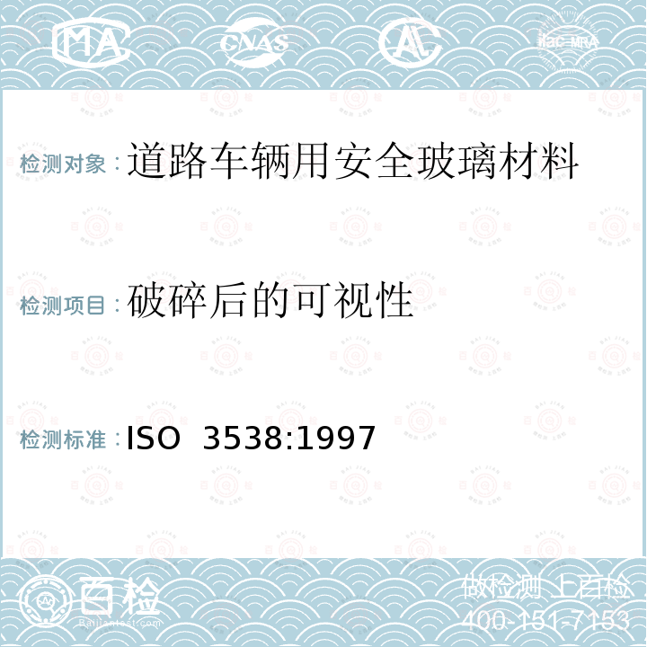 破碎后的可视性 《道路车辆用安全玻璃材料-光学性能试验方法》 ISO 3538:1997