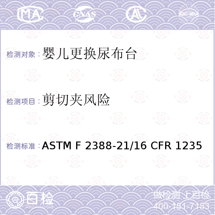 剪切夹风险 ASTM F2388-21 家用婴儿更换尿布台的消费者安全标准/换洗台安全标准 /16 CFR 1235