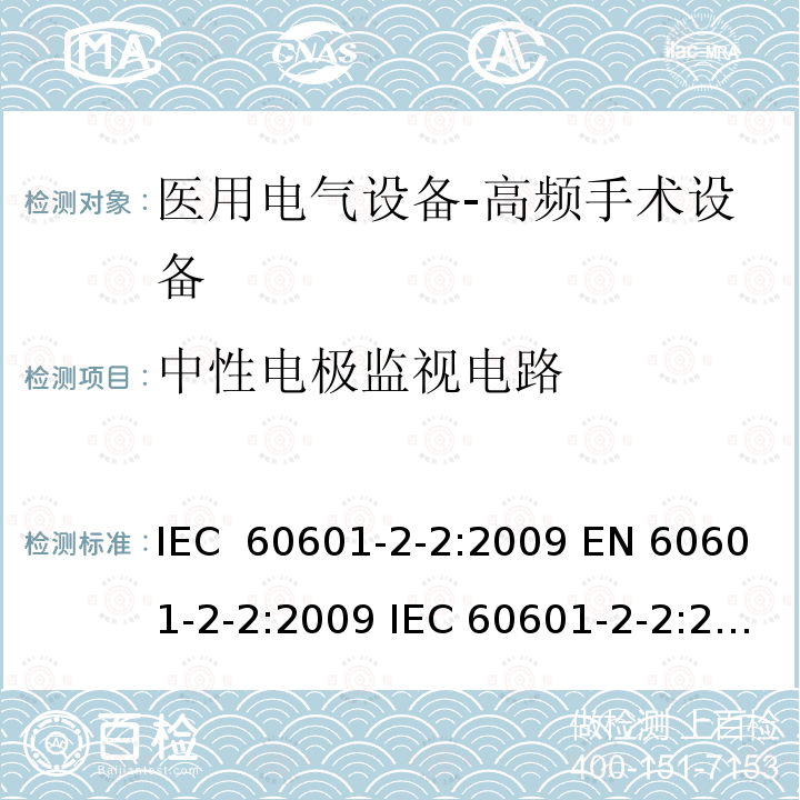 中性电极监视电路 医用电气设备--第二部分：高频手术设备及附件的基本安全及重要性能的要求 IEC 60601-2-2:2009 EN 60601-2-2:2009 IEC 60601-2-2:2017 EN IEC 60601-2-2:2018