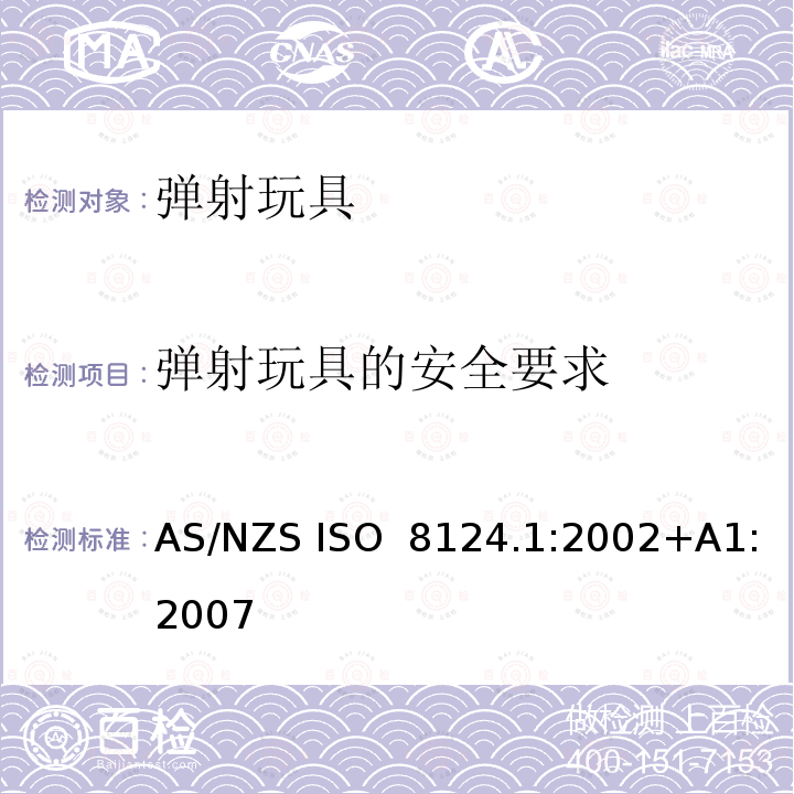 弹射玩具的安全要求 AS/NZS ISO 8124.1-2002 澳大利亚联邦贸易行为法 1974 消费者保护通告第16 号 2010 消费品安全标准-弹射玩具 AS/NZS ISO 8124.1:2002+A1:2007