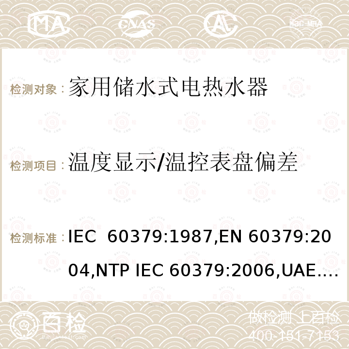 温度显示/温控表盘偏差 家用储水式电热水器性能测试方法 IEC 60379:1987,EN 60379:2004,NTP IEC 60379:2006,UAE.S 60379:2013