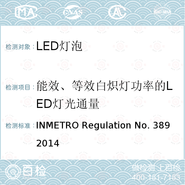 能效、等效白炽灯功率的LED灯光通量 INMETRO Regulation No. 389 2014 LED带灯头光源及一体式控制装置的质量技术要求 INMETRO Regulation No.389 2014