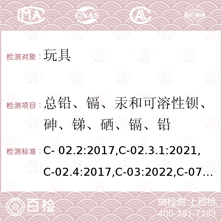 总铅、镉、汞和可溶性钡、砷、锑、硒、镉、铅 C- 02.2:2017,C-02.3.1:2021,C-02.4:2017,C-03:2022,C-07:2019,C-08:2014 加拿大产品安全参考手册第5卷-实验室方针与步骤, PartB测试方法部分 C-02.2:2017,C-02.3.1:2021,C-02.4:2017,C-03:2022,C-07:2019,C-08:2014