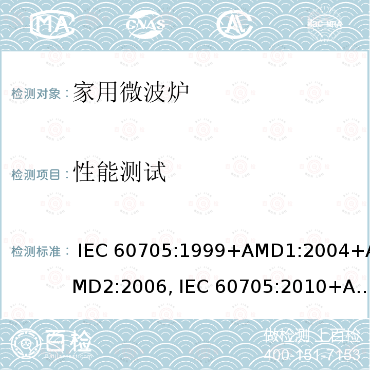 性能测试 家用微波炉性能测试方法 IEC 60705:1999+AMD1:2004+AMD2:2006, IEC 60705:2010+AMD1:2014, EN 60705:1999+AMD1:2004+AMD2:2006, EN 60705:2012+AMD1:2014, EN 60705:2015