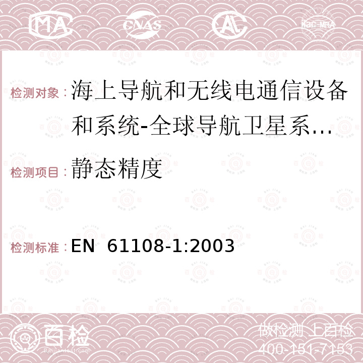 静态精度 EN 61108-1:2003 海上导航和无线电通信设备和系统-全球导航卫星系统(GNSS)-第1部分：全球定位系统(GPS)-接收设备-性能标准、测试方法和要求的测试结果 