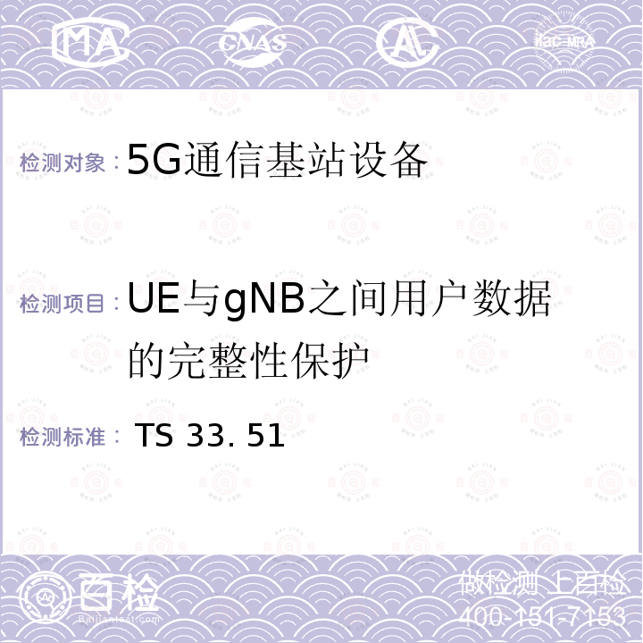 UE与gNB之间用户数据的完整性保护  TS 33. 51 下一代安全保证规范（SCAS） TS33. 511