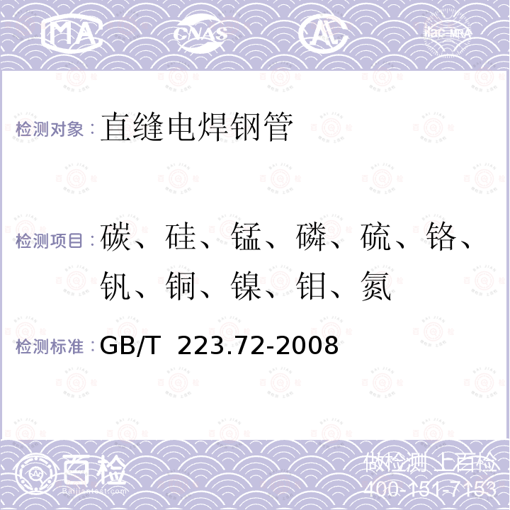 碳、硅、锰、磷、硫、铬、钒、铜、镍、钼、氮 GB/T 223.72-2008 钢铁及合金 硫含量的测定 重量法