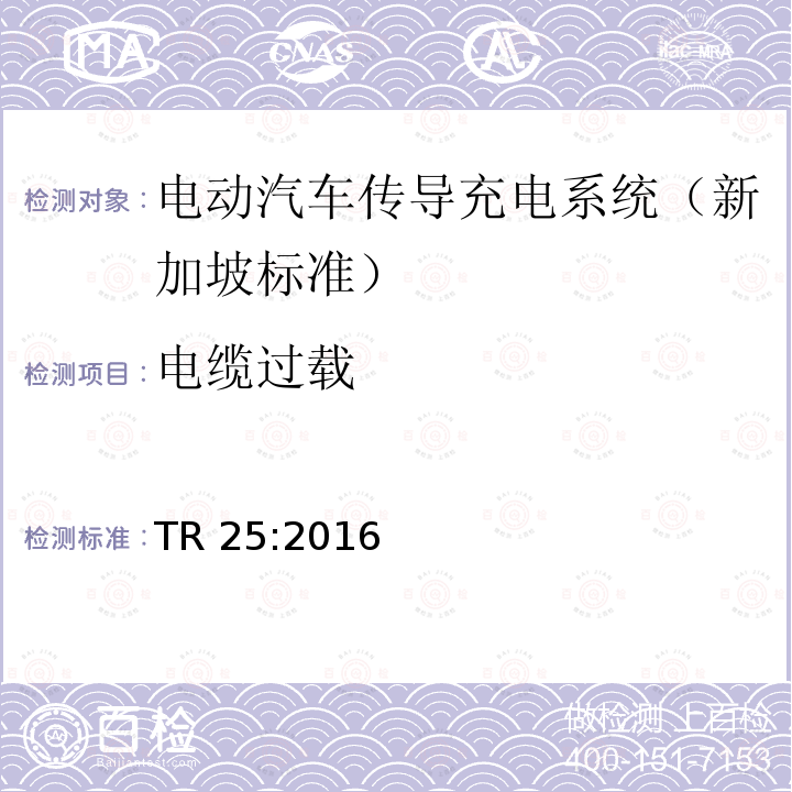 电缆过载 TR 25:2016 电动汽车充电系统的技术要求  TR25:2016