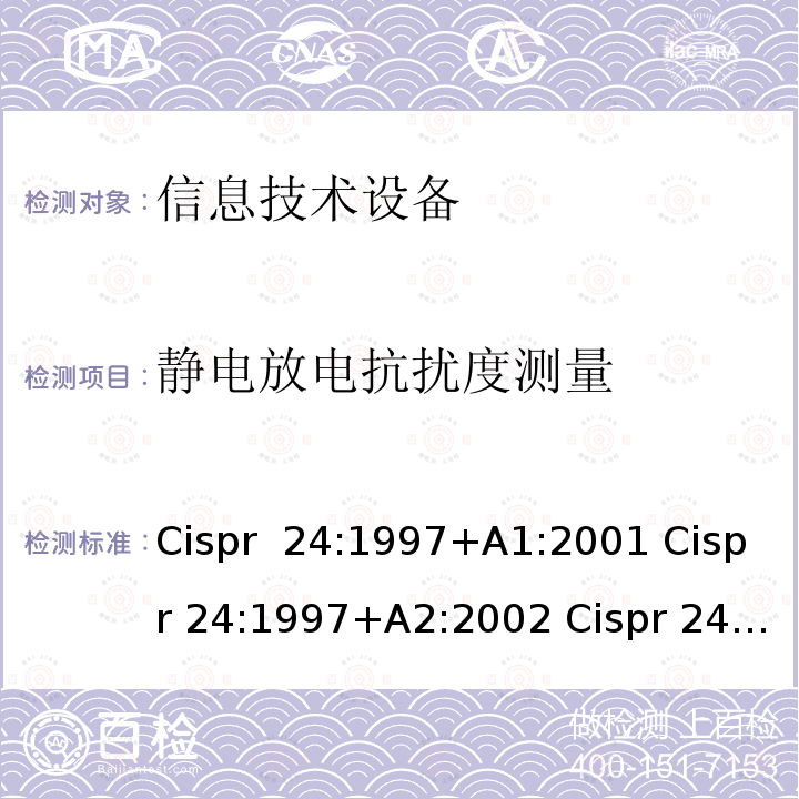 静电放电抗扰度测量 信息技术设备抗扰度限值和测量方法 Cispr 24:1997+A1:2001 Cispr 24:1997+A2:2002 Cispr 24:2010+A1:2015