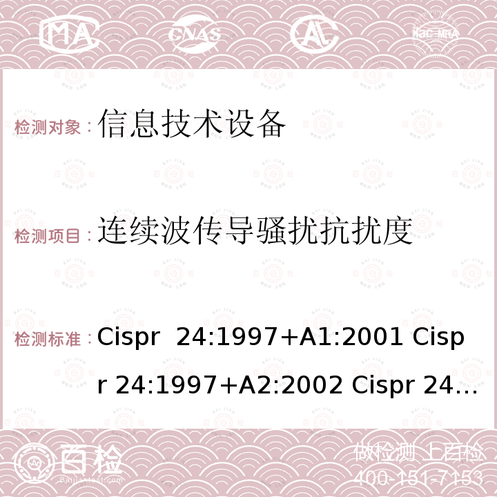 连续波传导骚扰抗扰度 CISPR 24:1997 信息技术设备抗扰度限值和测量方法 Cispr 24:1997+A1:2001 Cispr 24:1997+A2:2002 Cispr 24:2010+A1:2015