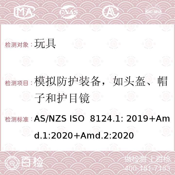 模拟防护装备，如头盔、帽子和护目镜 AS/NZS ISO 8124.1-2019 玩具安全-第1部分 物理和机械性能 AS/NZS ISO 8124.1: 2019+Amd.1:2020+Amd.2:2020