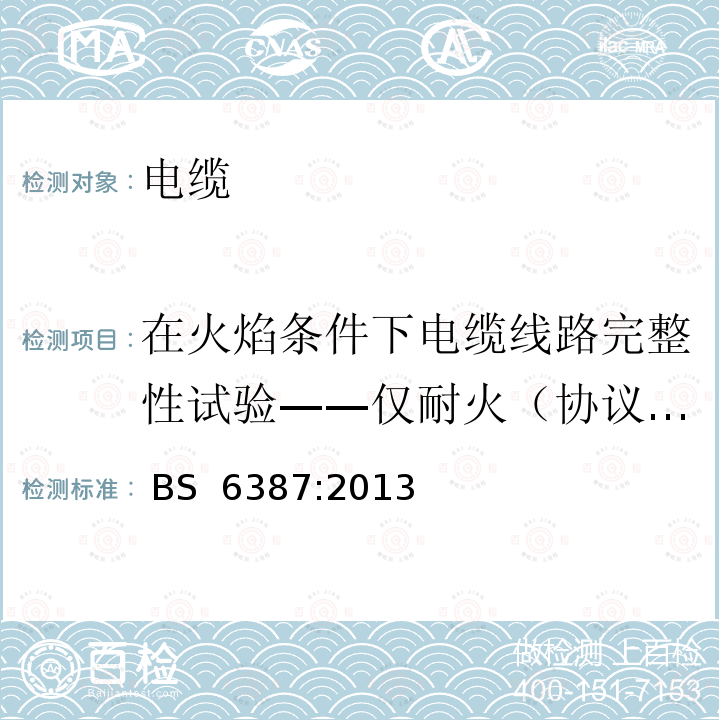 在火焰条件下电缆线路完整性试验——仅耐火（协议C） 在火焰条件下电缆线路完整性试验——仅耐火（协议C） BS 6387:2013