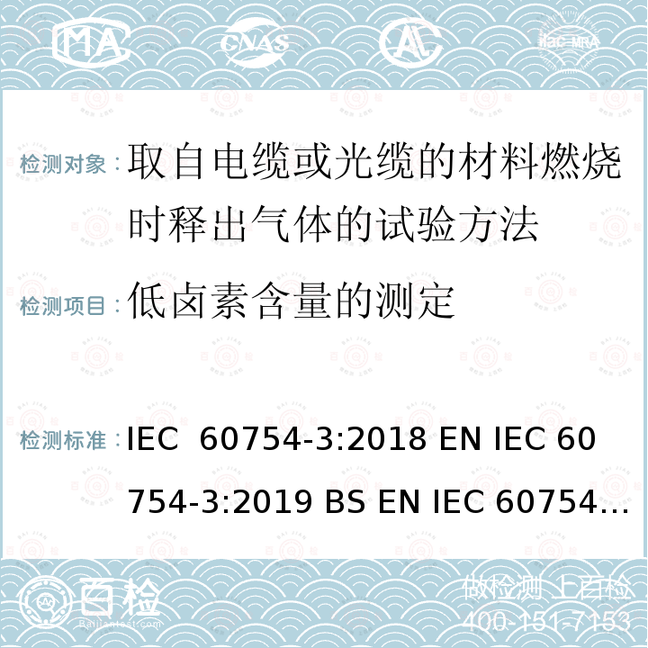 低卤素含量的测定 取自电缆或光缆的材料燃烧时释出气体的试验方法 第3部分：低卤素含量的测定（离子色谱法） IEC 60754-3:2018 EN IEC 60754-3:2019 BS EN IEC 60754-3:2019
